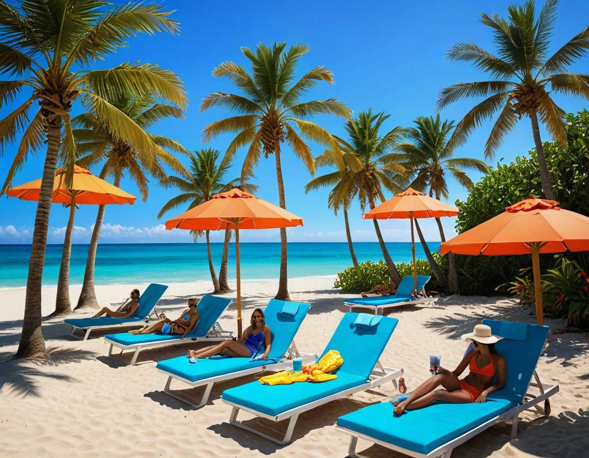 A vibrant beach scene featuring a diverse group of stylish individuals in fashionable beachwear, lounging on colorful sunbeds under swaying palm trees, with a backdrop of a sparkling blue ocean and a bright sun shining in a clear sky. The beachwear should include trendy swimsuits, oversized hats, and stylish sunglasses, showcasing the latest summer fashion. The atmosphere is lively and inviting, with beach accessories around like towels, drinks, and flip-flops. super-realistic. vibrant colors. tropical mood.